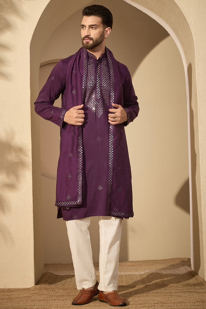 Violet Silk Blend Solid Embroidered Mandarin Collar Kurta & Trouser With Dupatta MKPD1078