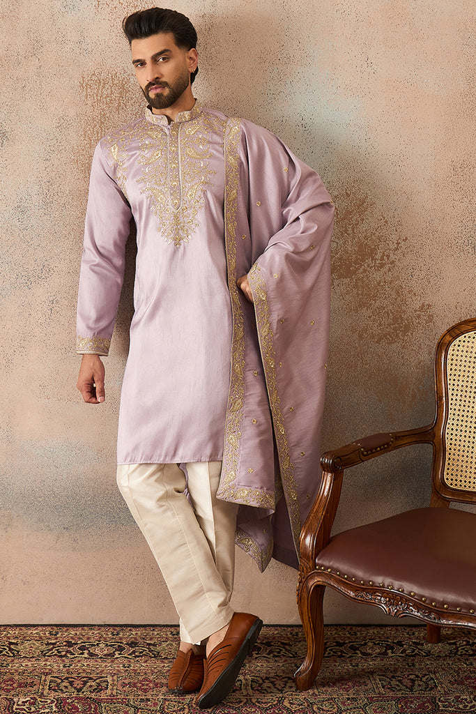 Lavender Zari Embroidered Silk Blend Kurta with Trousers & Dupatta MKPD1047