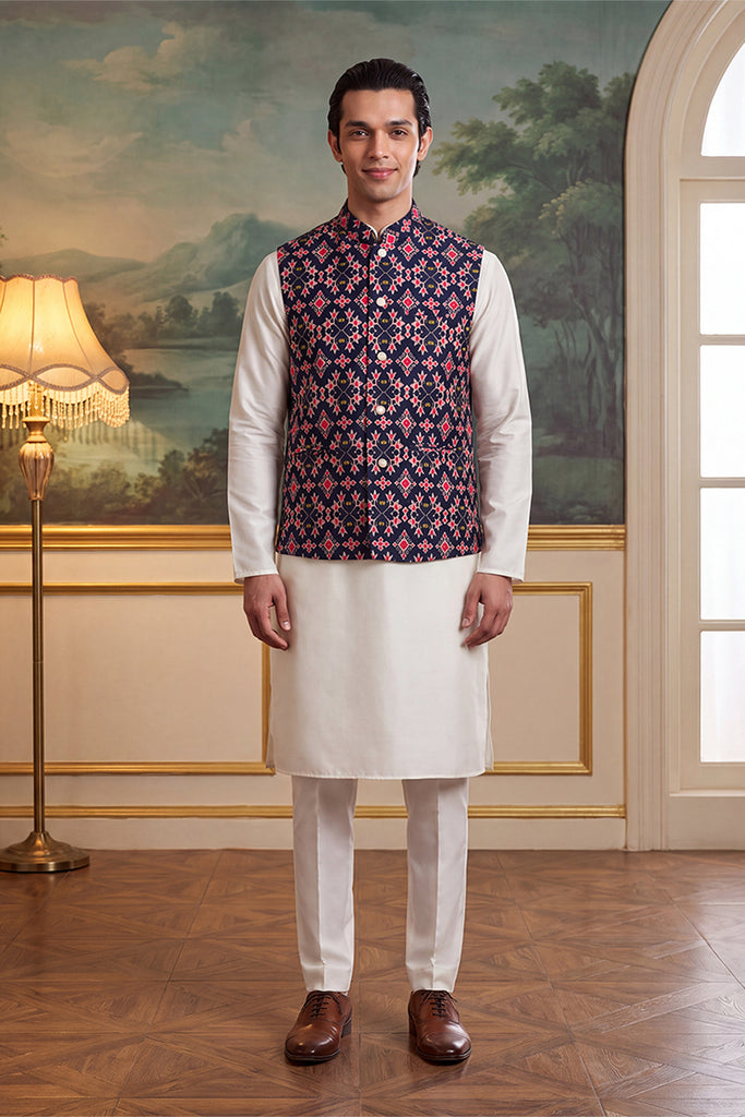 Navy Blue Silk Blend Patola Print Mandarine Collar Koti MKOT1048