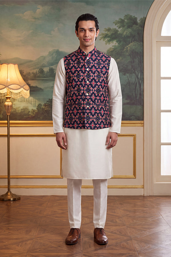 Navy Blue Silk Blend Patola Print Mandarine Collar Koti MKOT1048