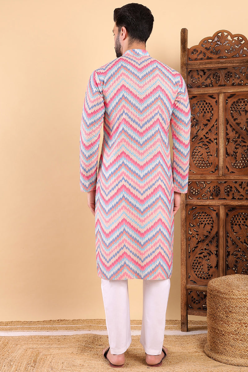 Pink Viscose Rayon Ikat Embroidered Straight Kurta For Men MKU1008PNK