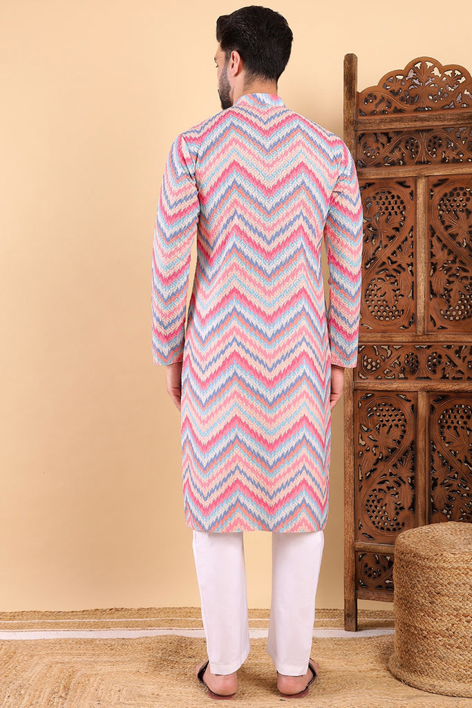 Pink Viscose Rayon Ikat Embroidered Straight Kurta For Men MKU1008PNK