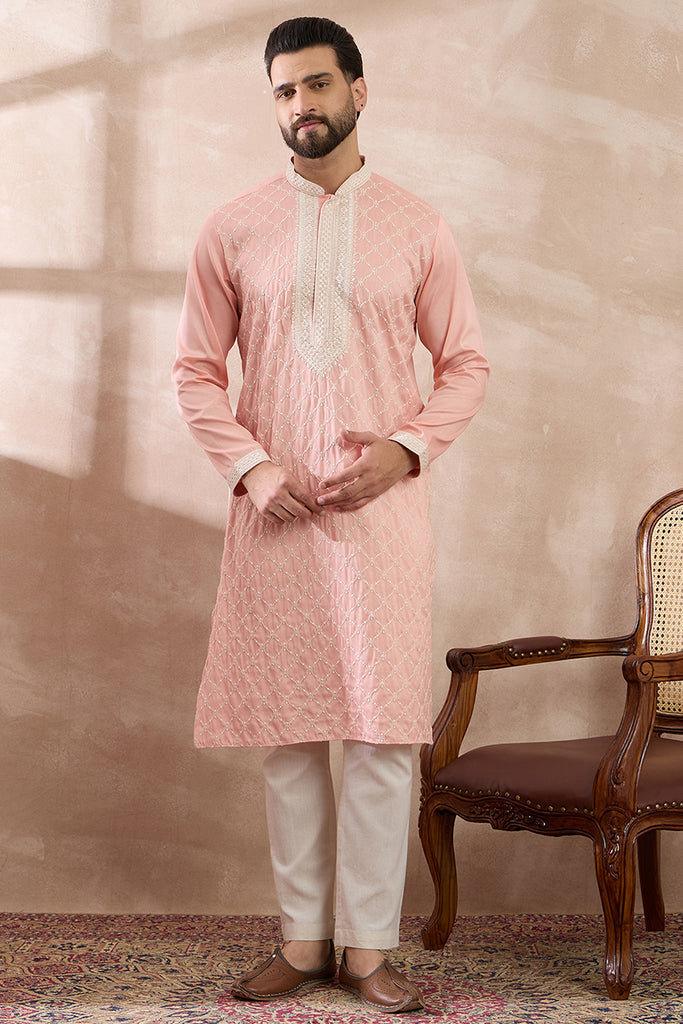 Pink Silk Blend Embroidered Mandarin Collar Straight Kurta With Trouser MKSET1692