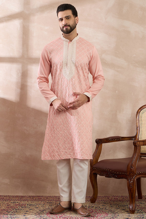 Pink Silk Blend Embroidered Mandarin Collar Straight Kurta With Trouser MKSET1692