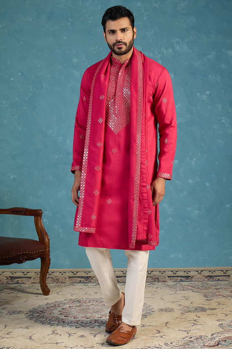 Pink Silk Blend Solid Embroidered Kurta&Dupatta With Trouser MKPD1077