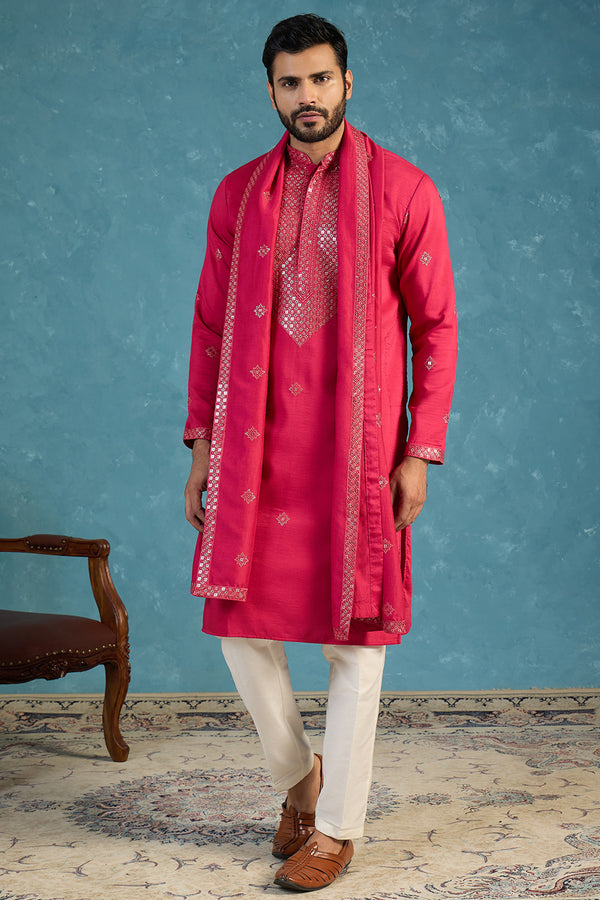 Pink Silk Blend Solid Embroidered Kurta&Dupatta With Trouser MKPD1077