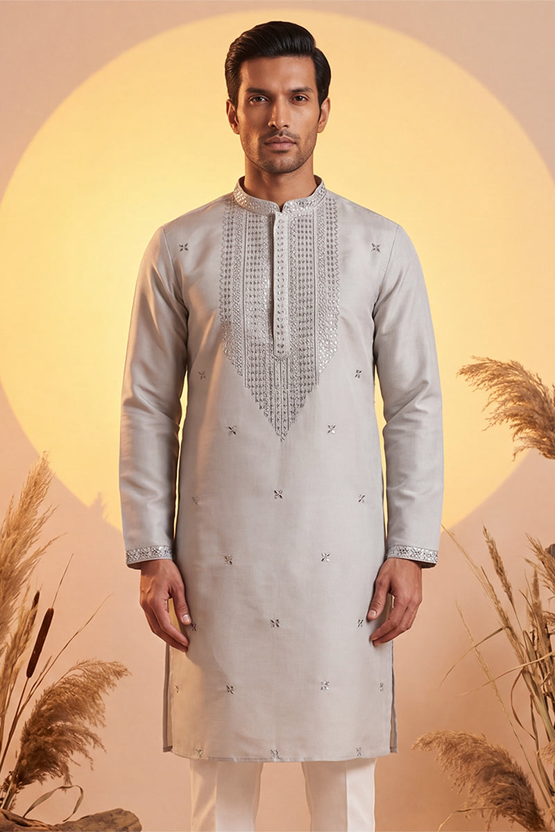 Grey Silk Blend Solid Emboidered Sequins Kurta With Trouser MKSET2280