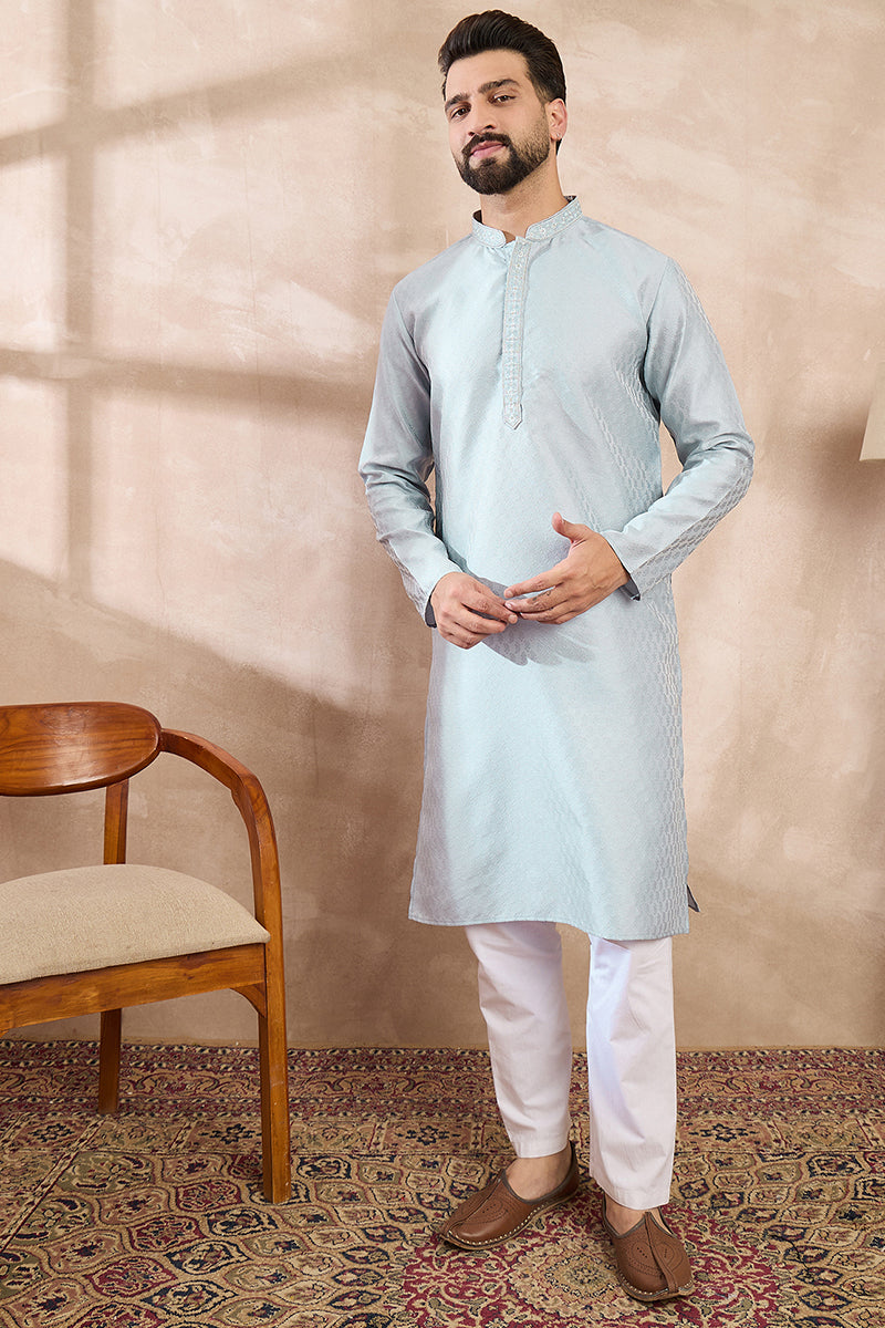 Blue Silk Blend Solid Woven Design Straight Kurta With Trouser MKSET1899