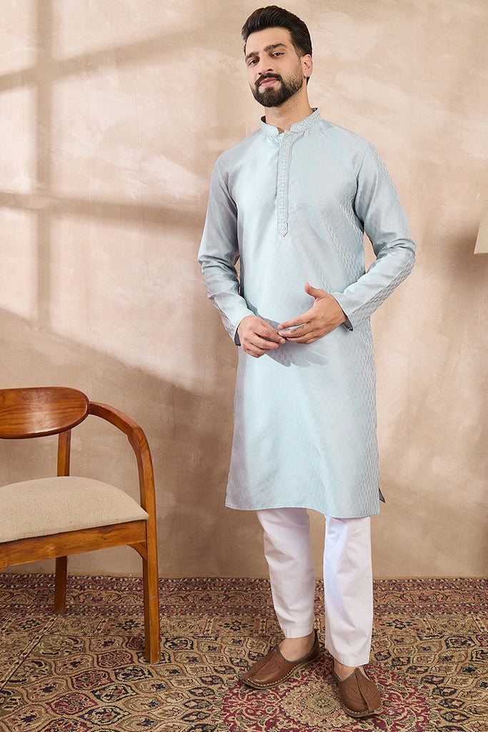 Blue Silk Blend Solid Woven Design Straight Kurta With Trouser MKSET1899