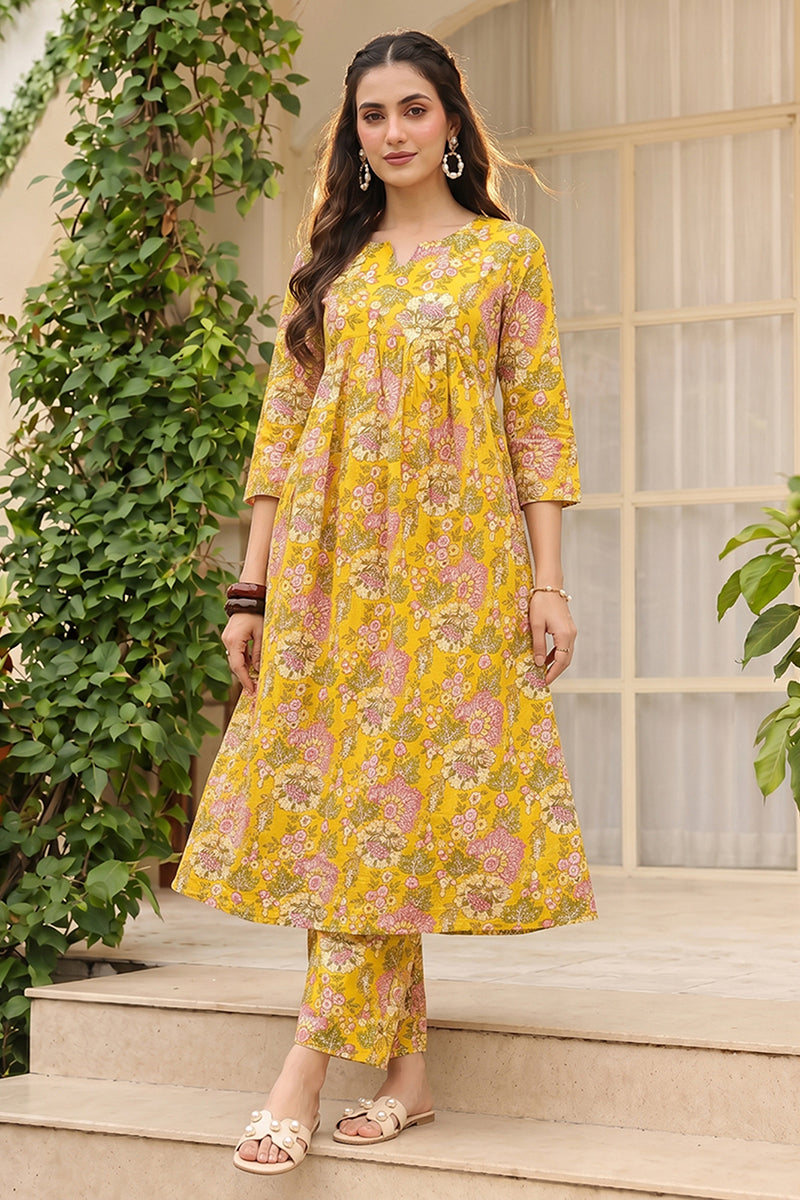 Cotton Blend Yellow Floral Digital Printed Regular Kurta VCK9823