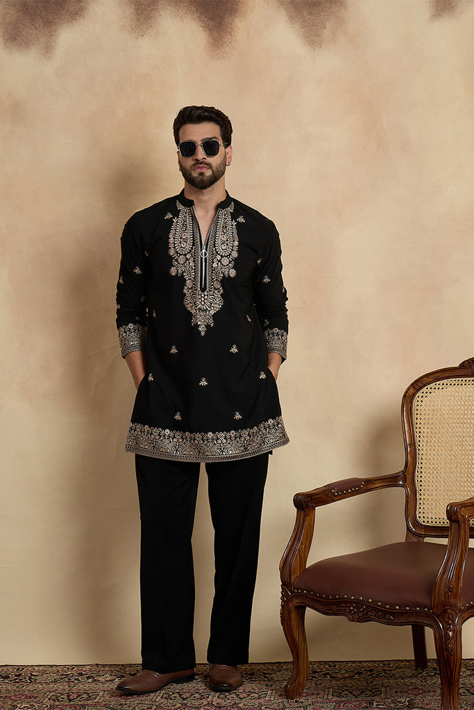 Black Silk Blend Solid Embroidered Kurta With Trouser MKSET2376
