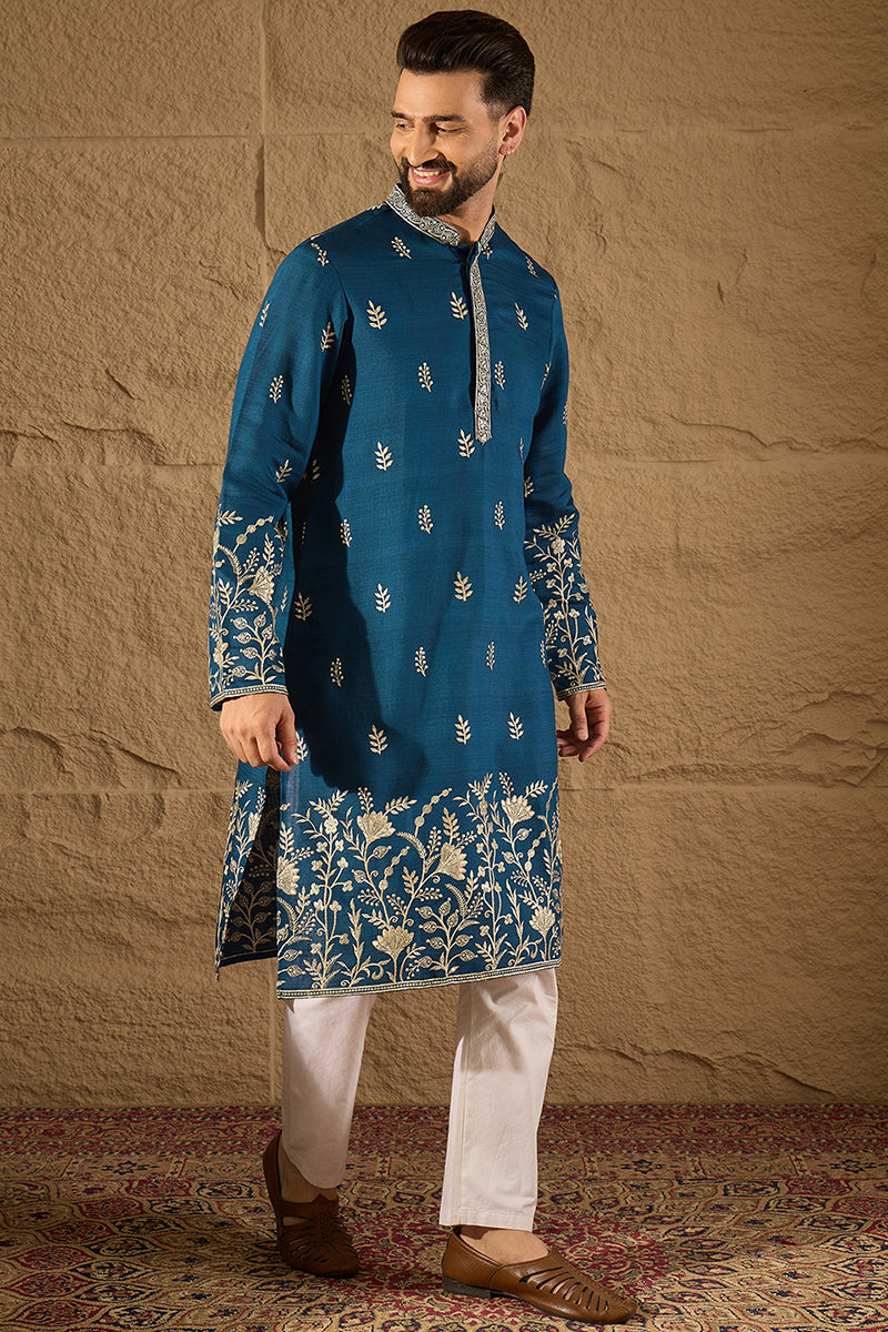 Blue Chanderi Silk Solid Embroidered Straight Kurta with Trouser MKSET1315