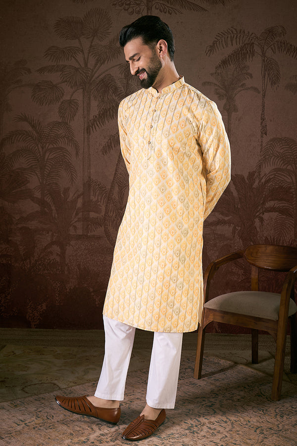 White Silk Blend Ethnic Motifs Printed Straight Kurta With Trouser MKSET1914
