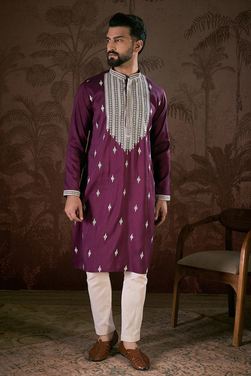 Purple Silk Blend Solid Embroidered Straight Kurta With Trouser MKSET1793