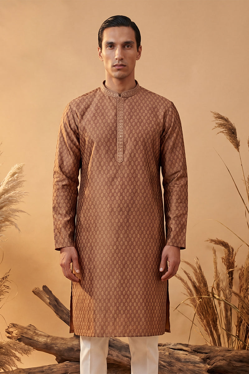 Brown Jacquard Woven Design Straight Kurta With Trouser MKSET2343