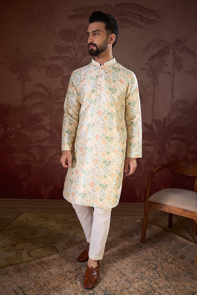 Off White Silk Blend Floral Printed Straight Kurta With Trouser MKSET1915