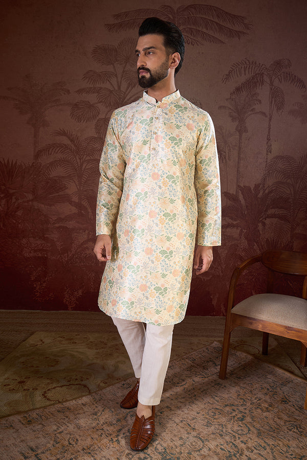 Off White Silk Blend Floral Printed Straight Kurta With Trouser MKSET1915