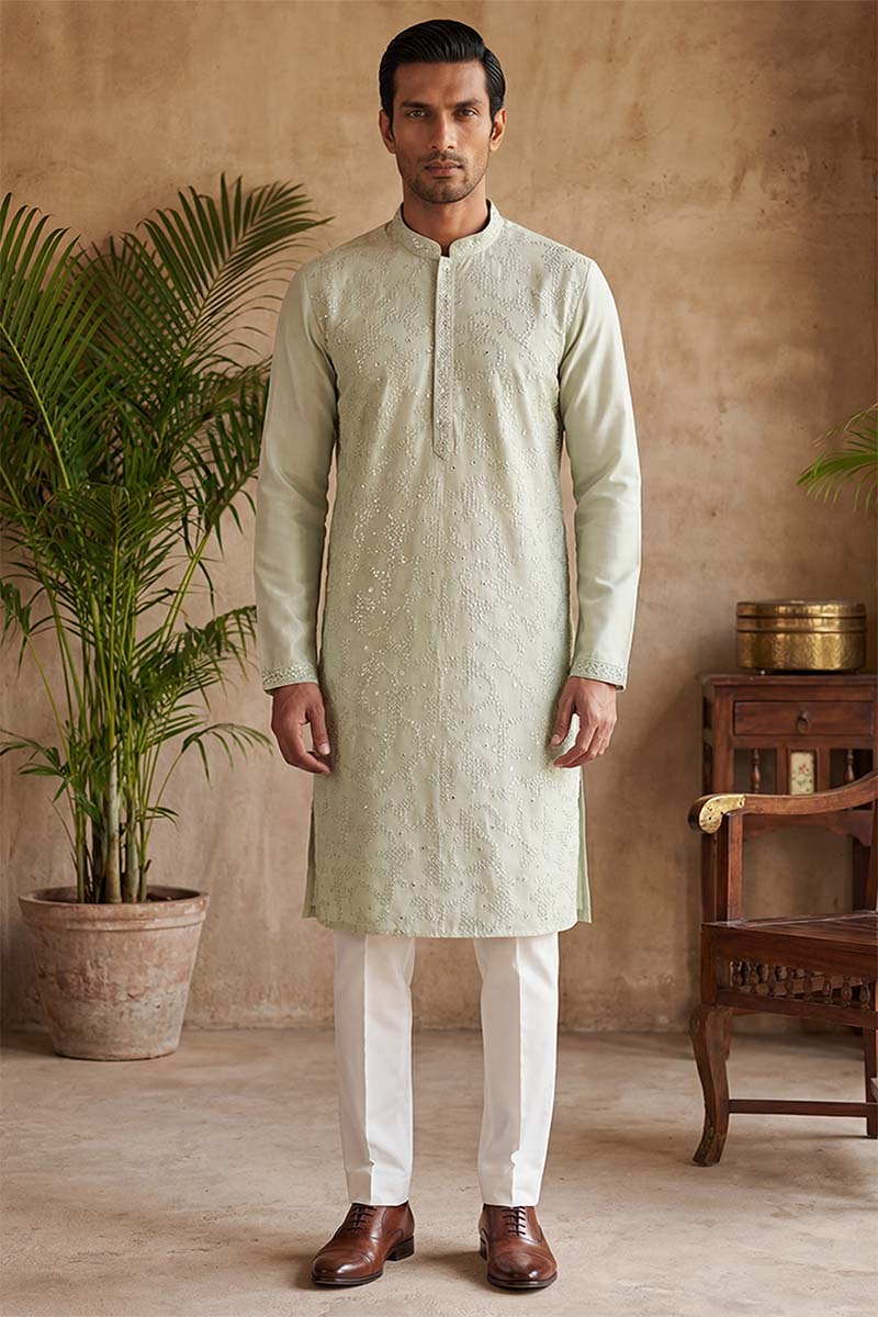 Silk Blend Green Solid Embroidered Calf Length Straight Kurta With Trousers MKSET2133