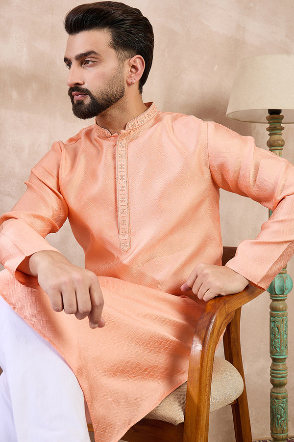Peach Silk Blend Solid Embroidered Straight Kurta With Trouser MKSET1840