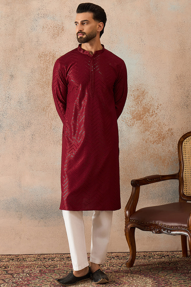 Maroon Rayon Embroidered Solid Straight Kurta With Trousers MKSET2188