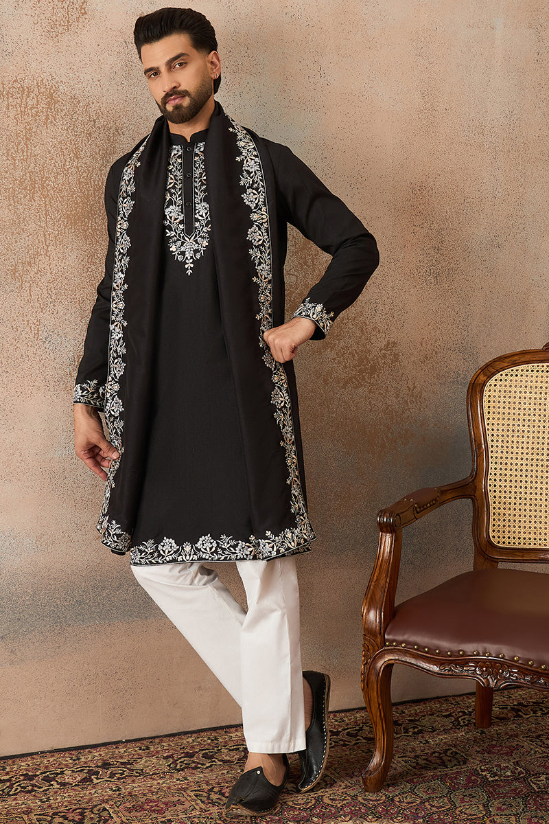 Black Silk Blend Solid Embroidered Kurta And Trouser With Dupatta MKPD1043