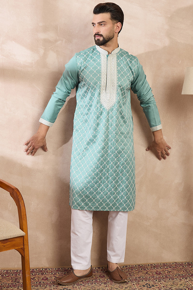 Teal Silk Blend Geometric Embroidered Straight Kurta MKU1693