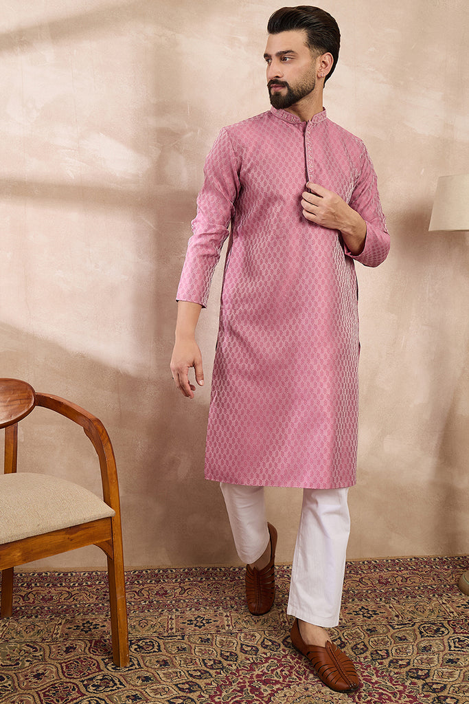 Pink Silk Blend Solid Woven Design Straight Kurta MKU1898