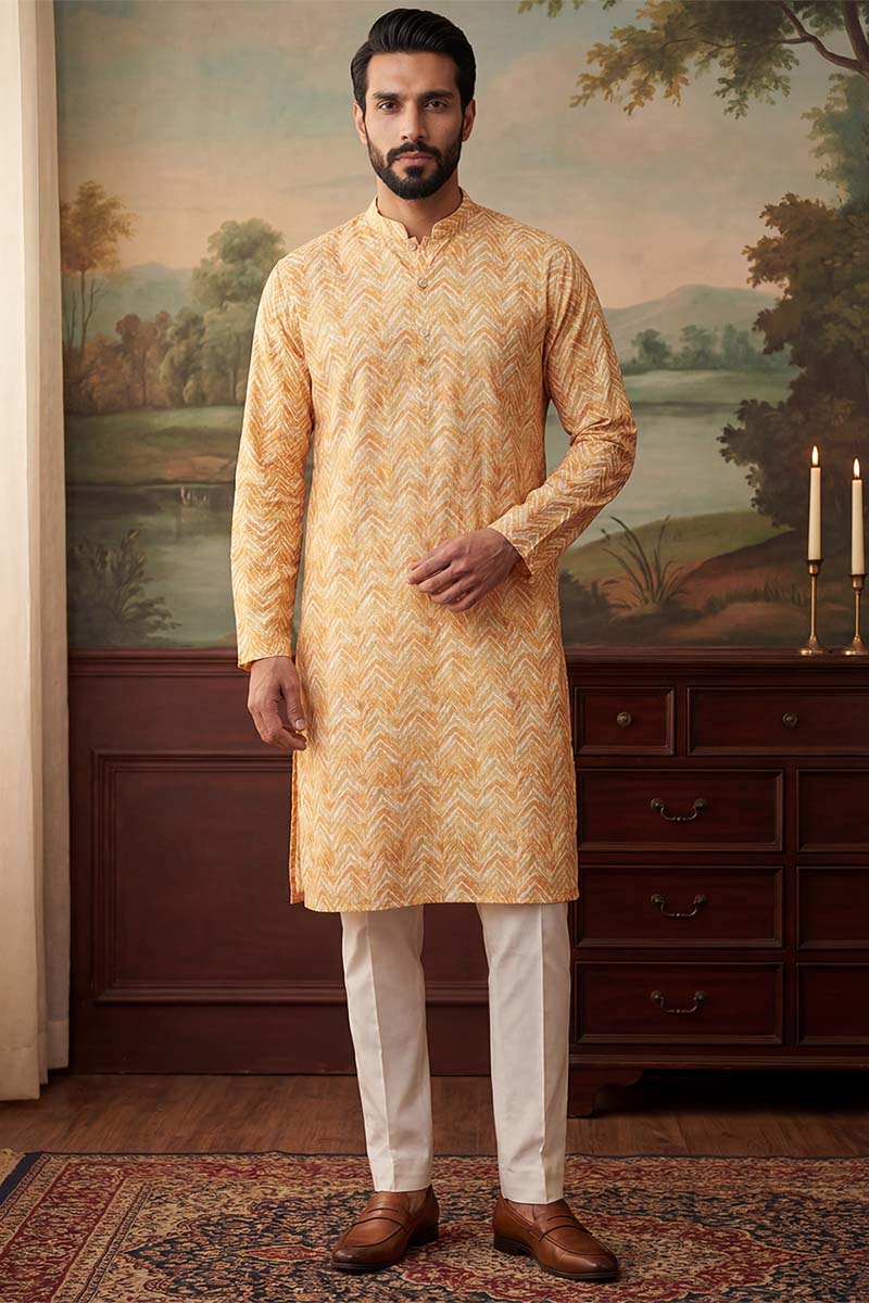 Yellow Cotton Blend Chevron Embroidered Kurta With Trouser MKSET2066