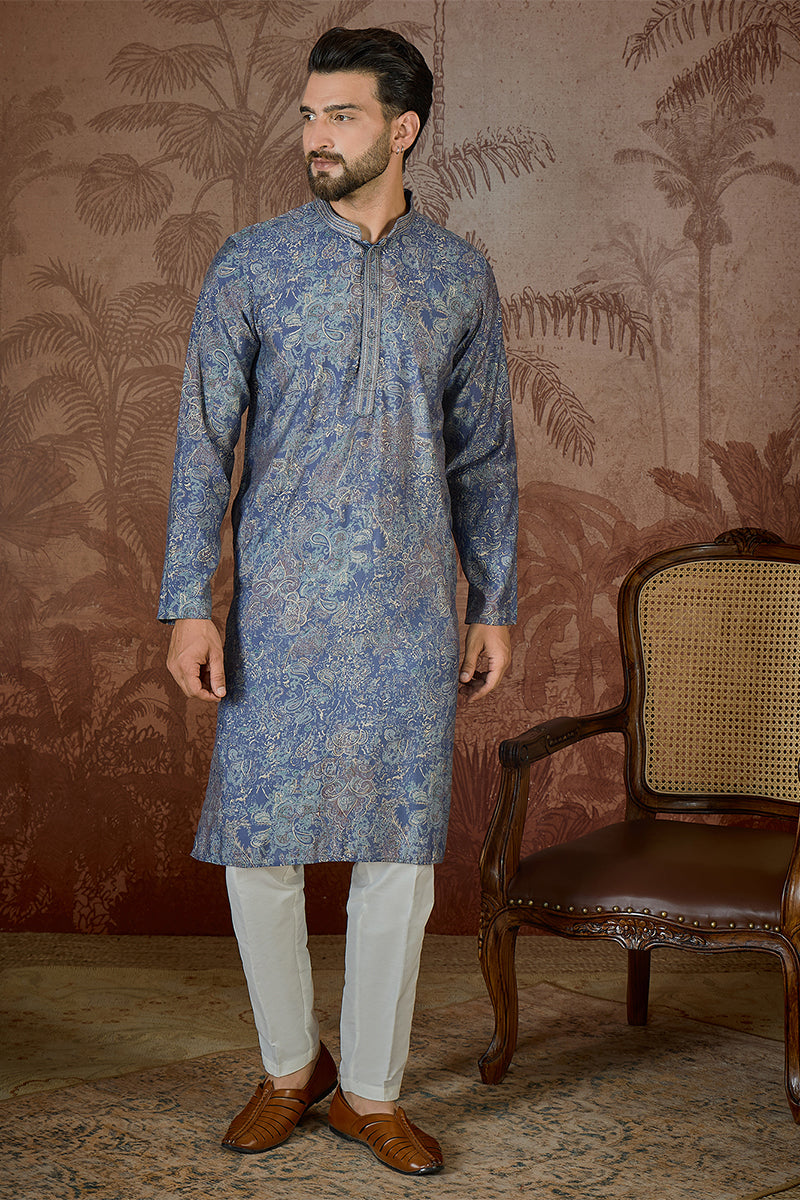 Blue Silk Blend Floral Embroidered Kurta MKU2504