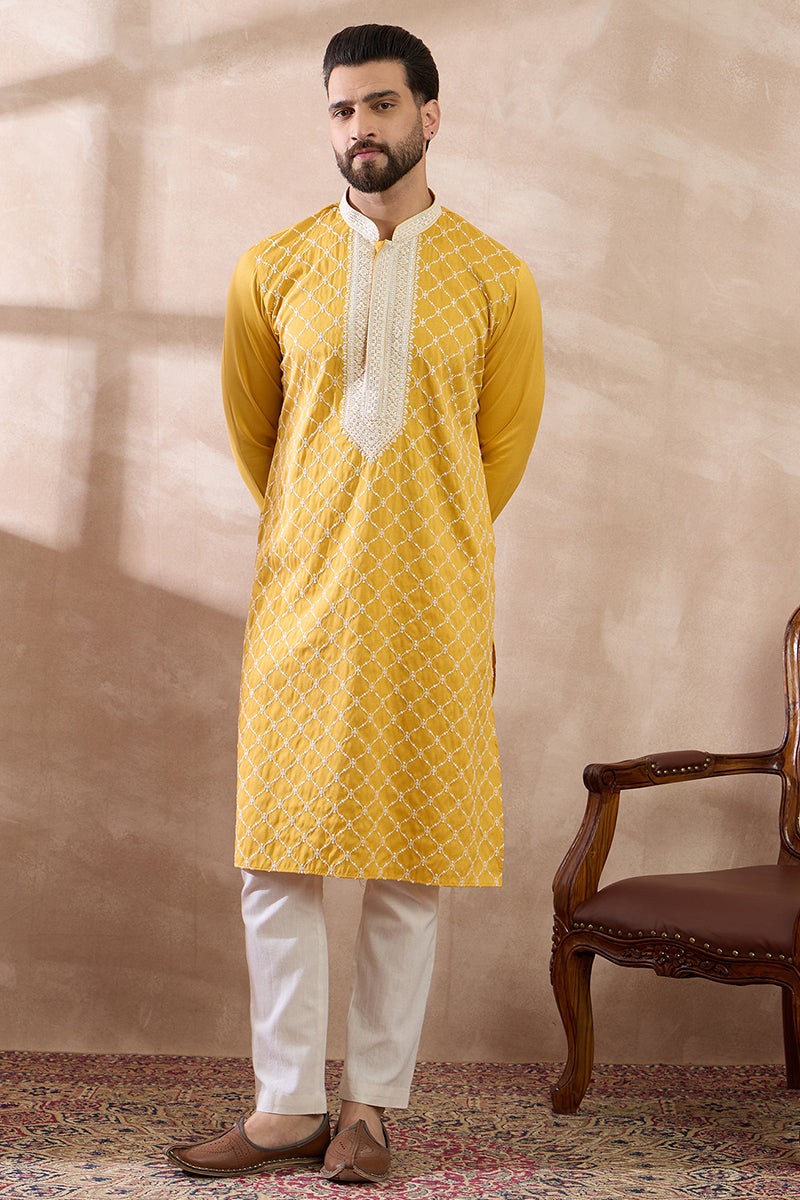 Yellow Silk Blend Embroidered Mandarin Collar Straight Kurta With Trouser MKSET1691