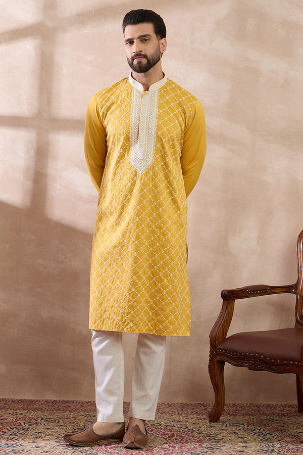Yellow Silk Blend Embroidered Mandarin Collar Straight Kurta With Trouser MKSET1691