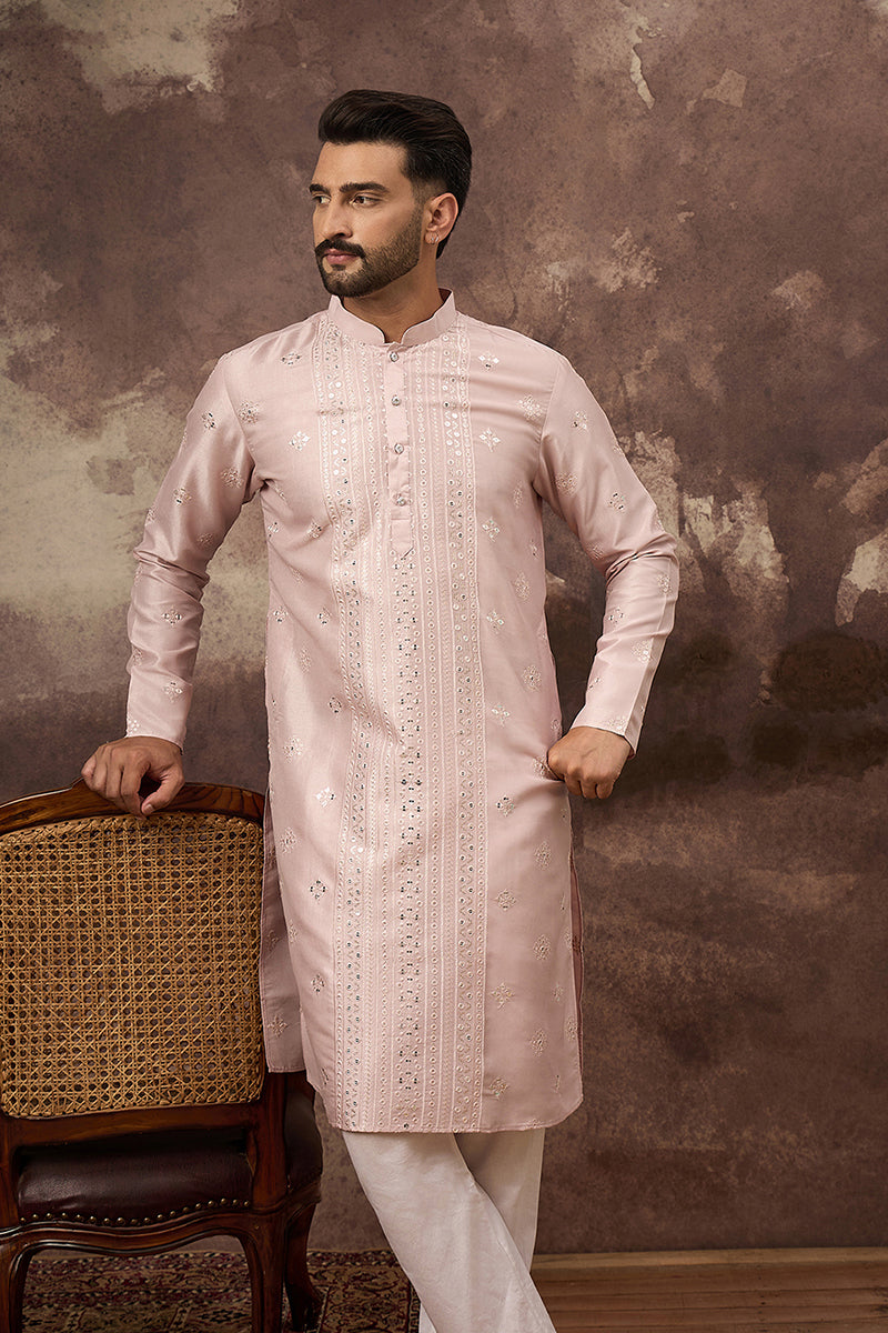 Pink Silk Blend Solid Embroidered Straight Kurta With Pant Set MKSET1362