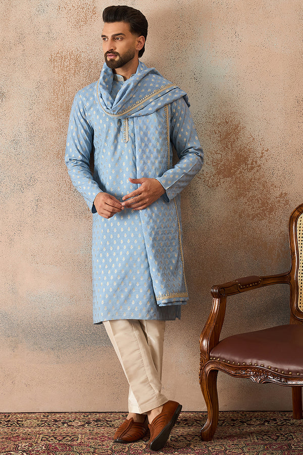 Blue Jacquard Woven Design Floral Straight Kurta Sets MKPD1019