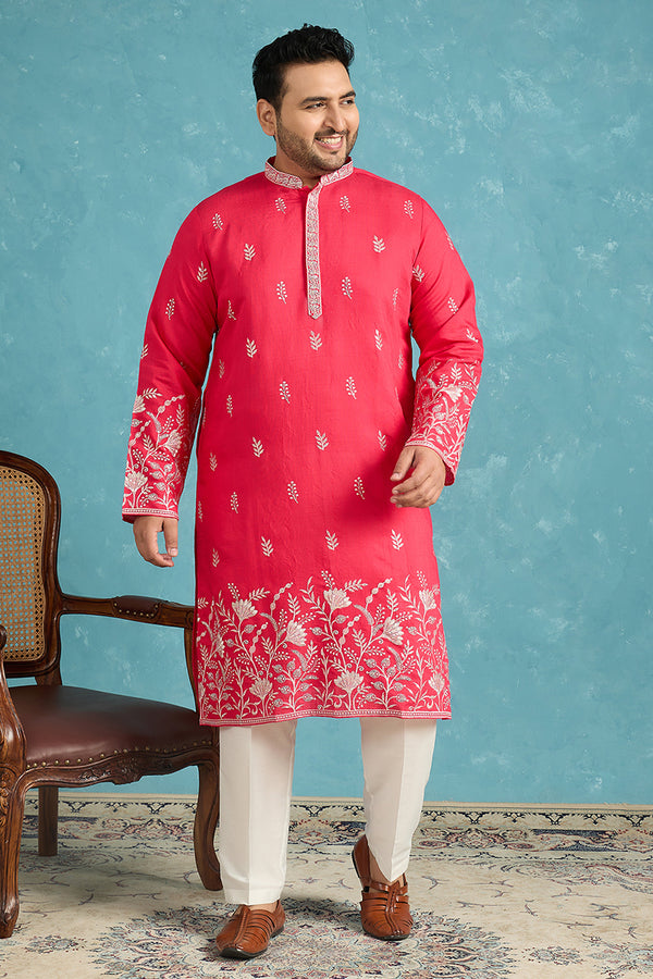 Pink Silk Blend Solid Thread Work Embroidered Kurta MKU1943