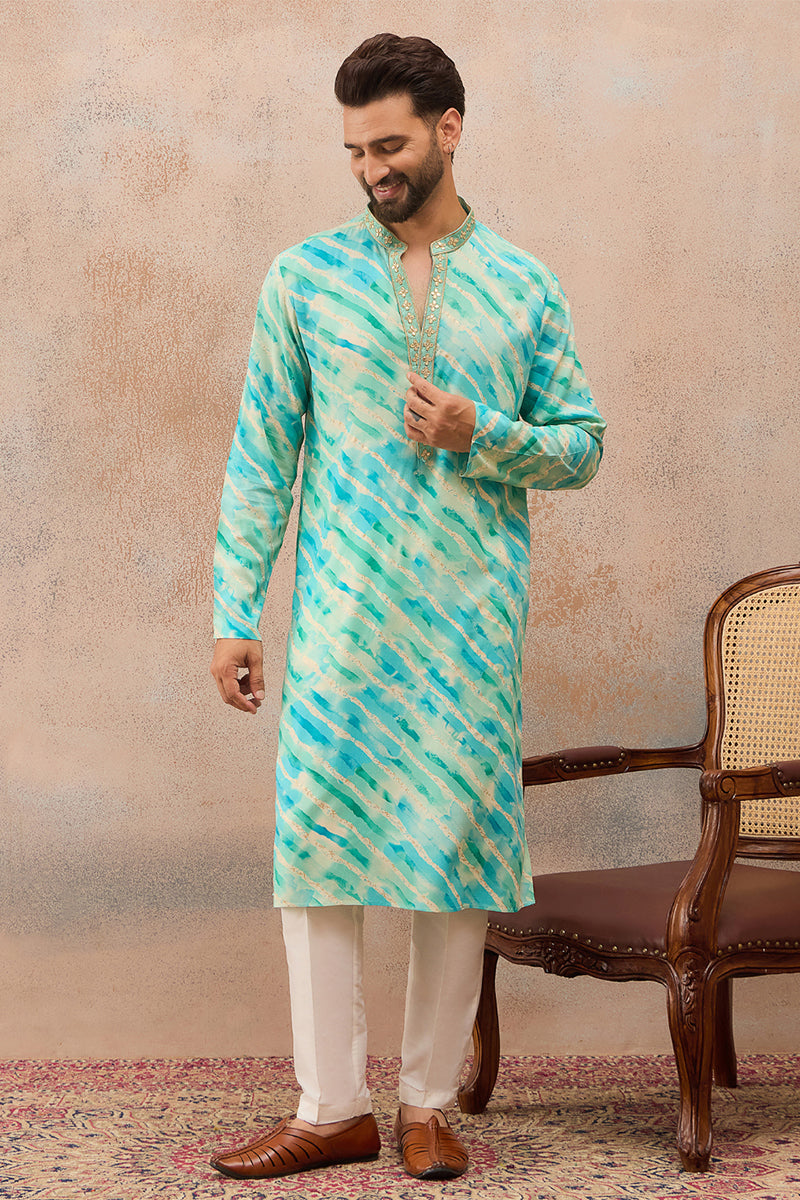 Turquoise Blue Viscose Rayon Leheriya Printed Kurta With Trouser MKSET2761