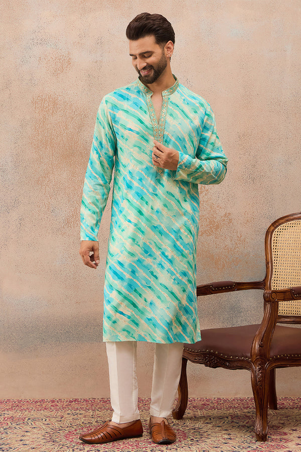 Turquoise Blue Viscose Rayon Leheriya Printed Kurta With Trouser MKSET2761