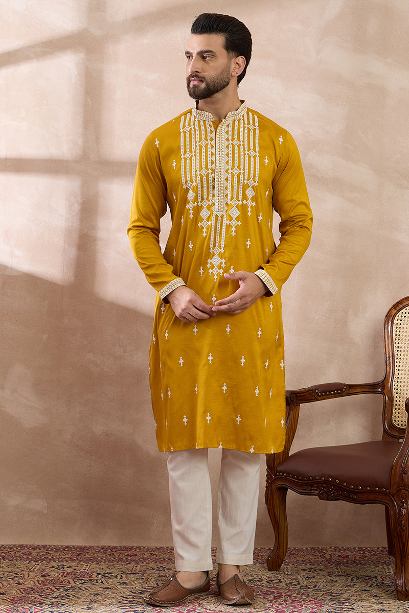 Yellow Silk Blend Embroidered Mandarin Collar Straight Kurta MKU1786