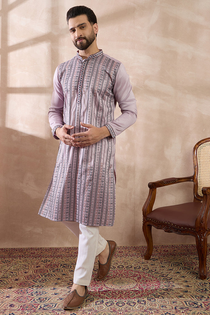 Lavender Silk Blend Embroidered Mandarin Collar Straight Kurta MKU2041