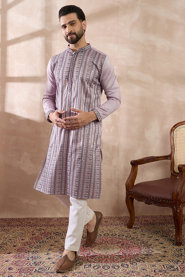 Lavender Silk Blend Embroidered Mandarin Collar Straight Kurta MKU2041