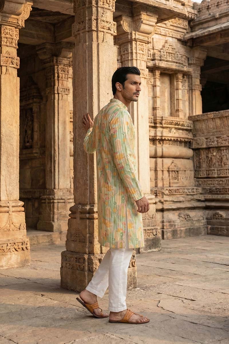 Green Silk Blend Printed Straight Kurta With Trousers MKSET2118