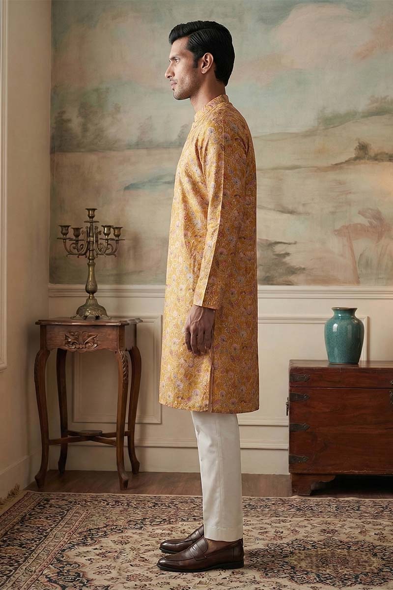 Mustard Silk Blend Printed Straight Kurta With Trousers MKSET1976