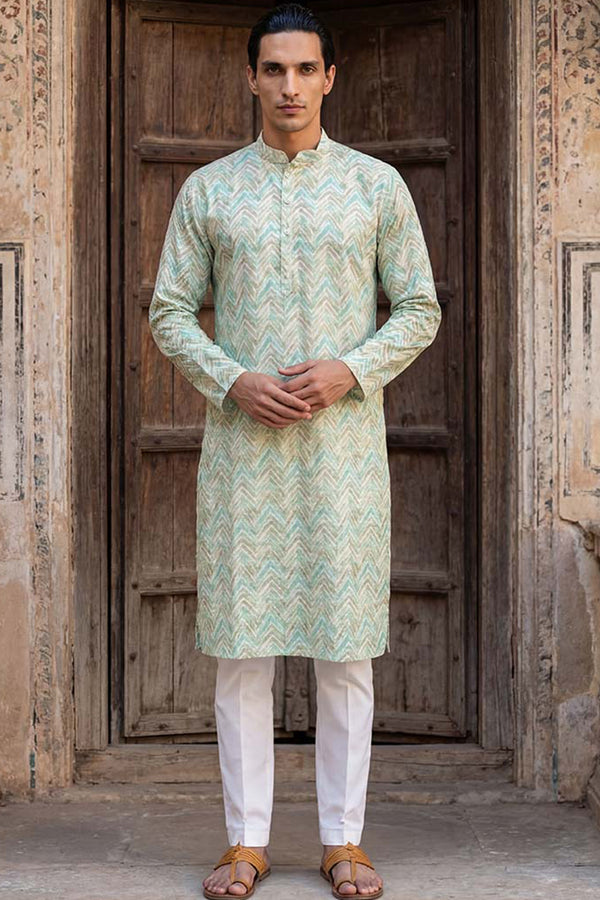 Green Cotton Blend Chevron Embroidered Kurta MKU2068