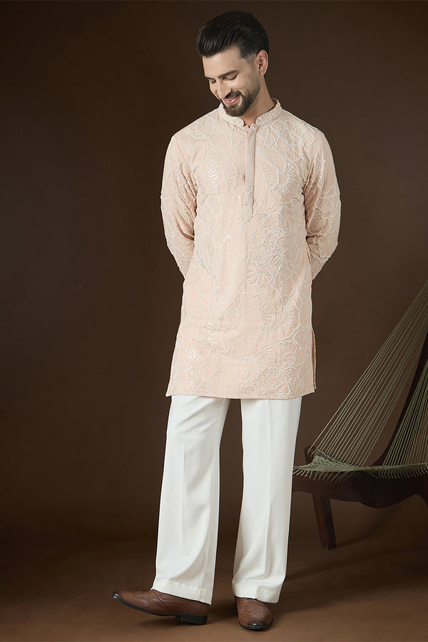 Peach Georgette Solid Embroidered Kurta MKU2731