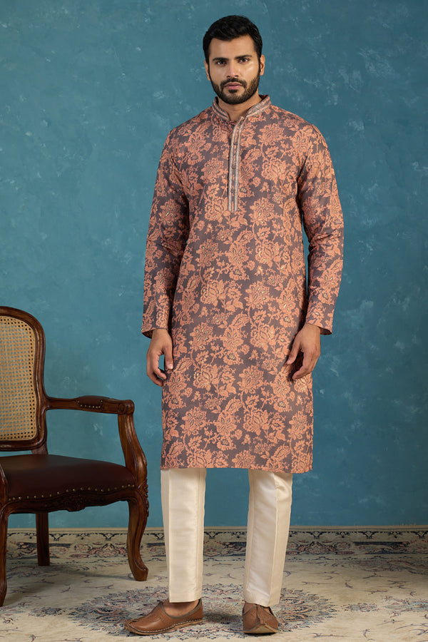 Grey Modal Floral Printed Calf Length Straight Regular Kurta MKU1980