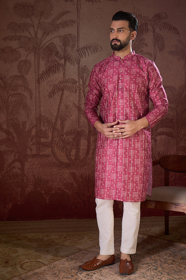 Pink Silk Blend Ethnic Motifs Printed Straight Kurta With Trouser MKSET1929