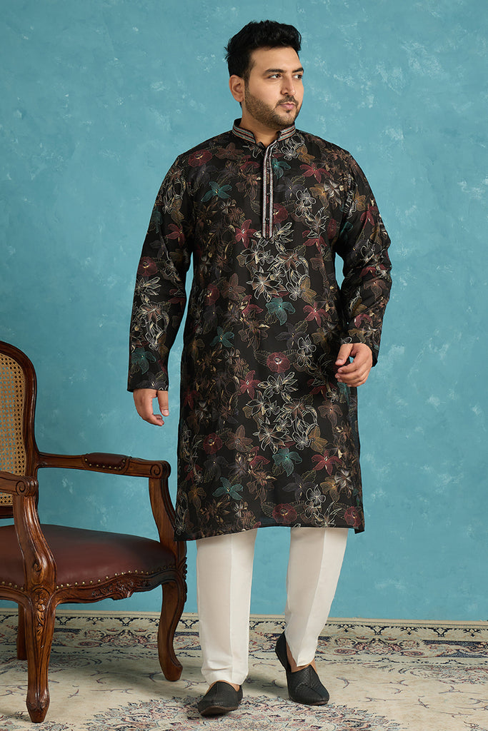 Black Silk Blend Floral Printed Kurta MKU1956