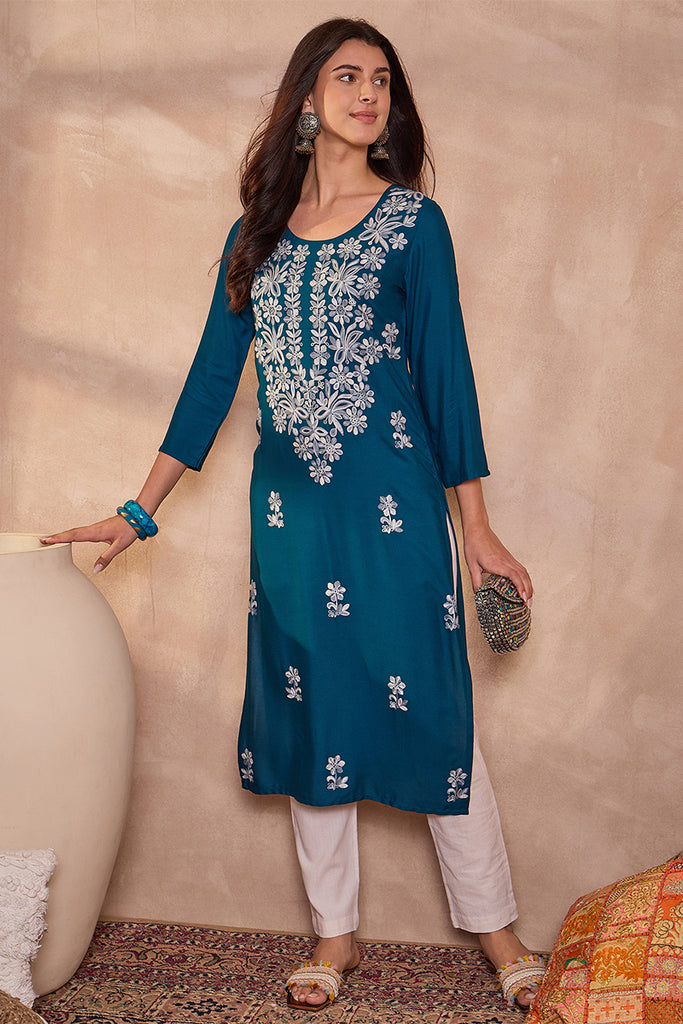 Blue Viscose Rayon Emboidered Kurti VCK9793