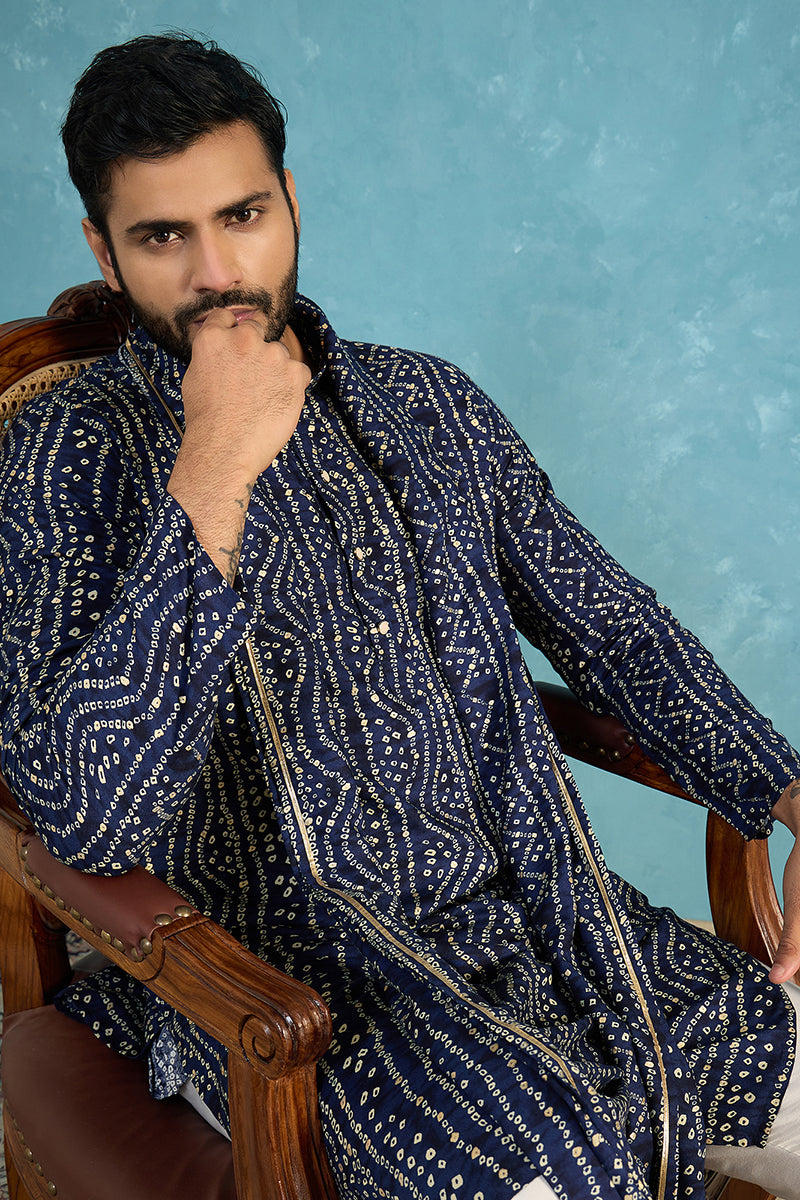 Blue Viscose Rayon Bandhani Printed Kurta With Dupatta MKUD1080
