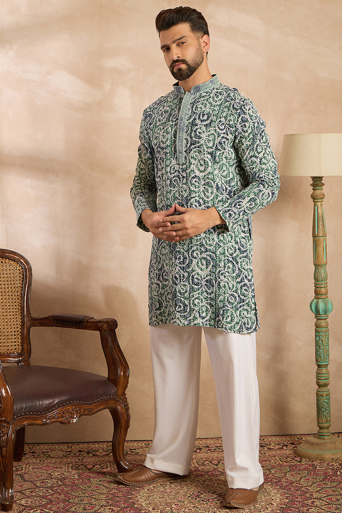 Green Viscose Rayon Batik Embroidered Straight Kurta MKU1718