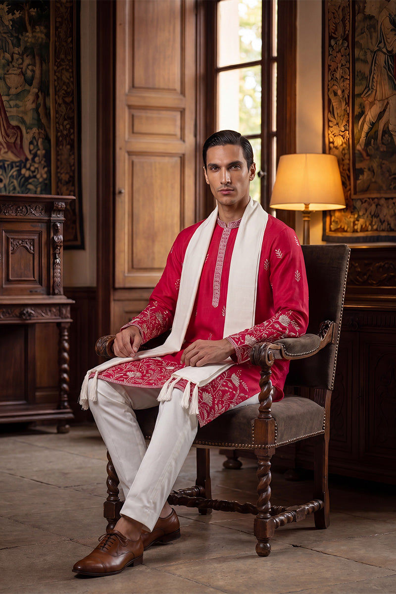 Pink Silk Blend Solid Embroidered Straight Kurta with Dupatta MKUD1943